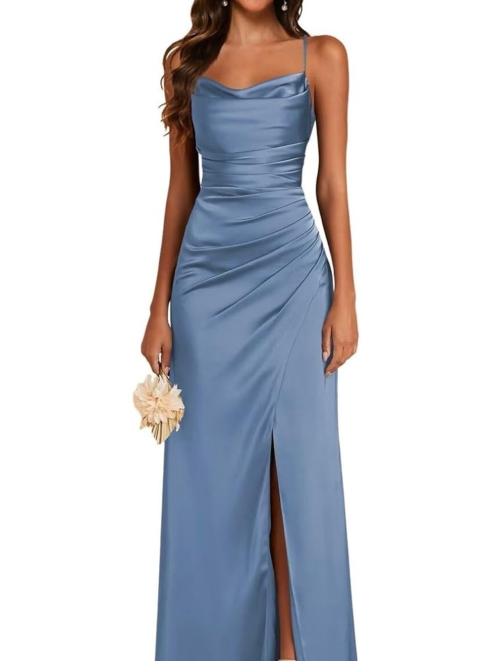 Amazon Blue Satin Cowl Neck Maxi Dress with Side Slit